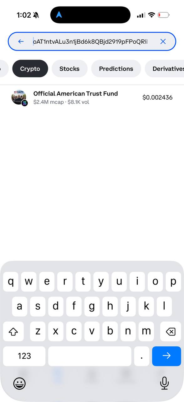 Coinbase app search showing Official American Trust Fund with the OATF contract address pasted