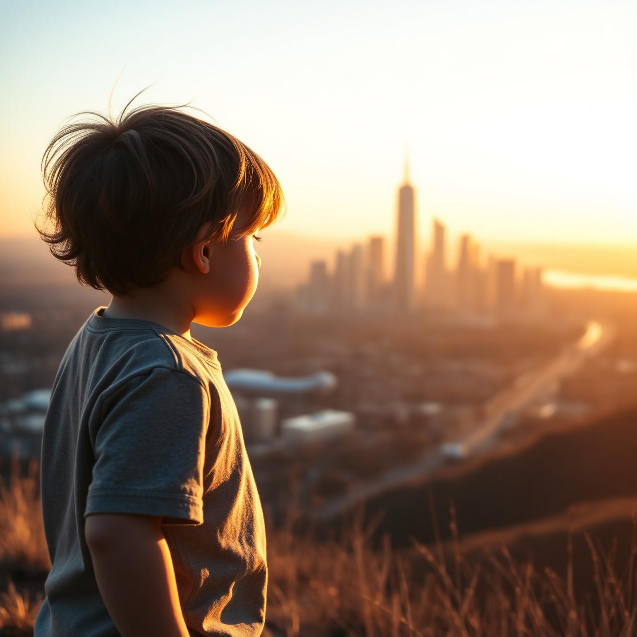 Child looking toward a city skyline