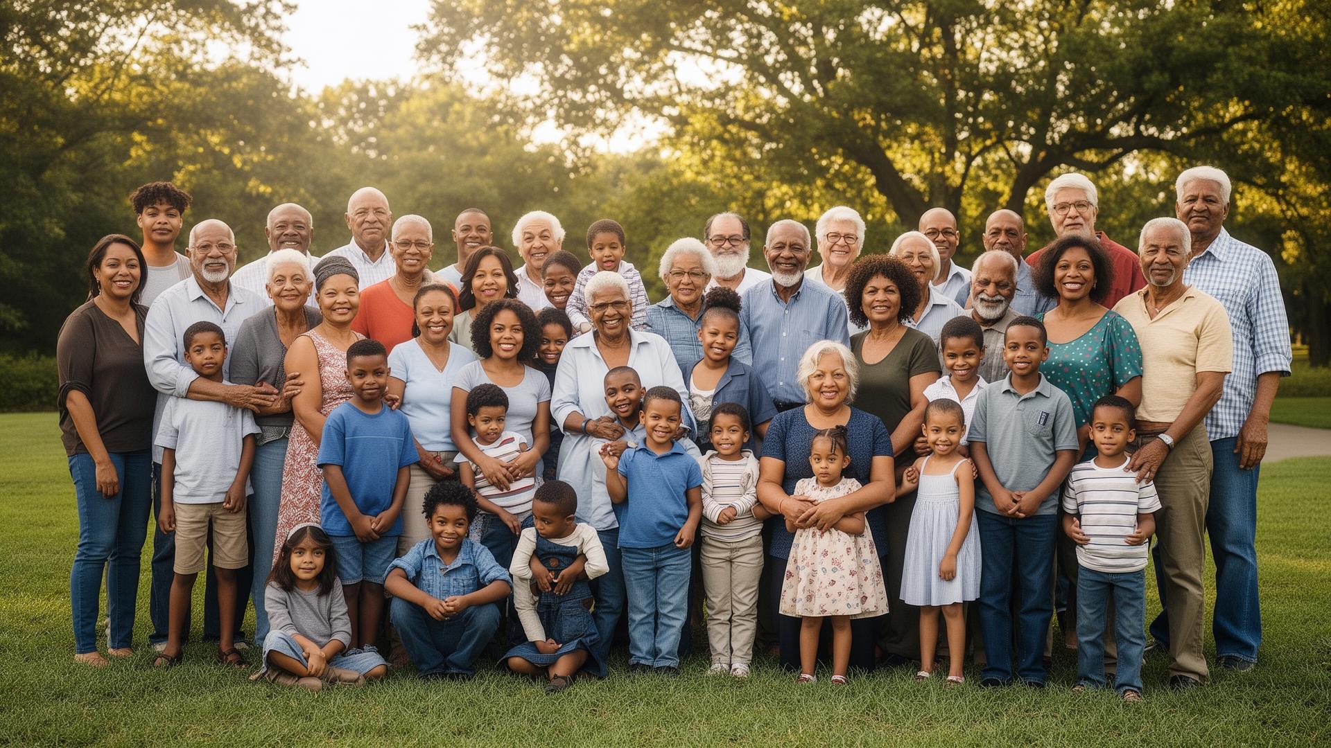 Diverse American families gathered together