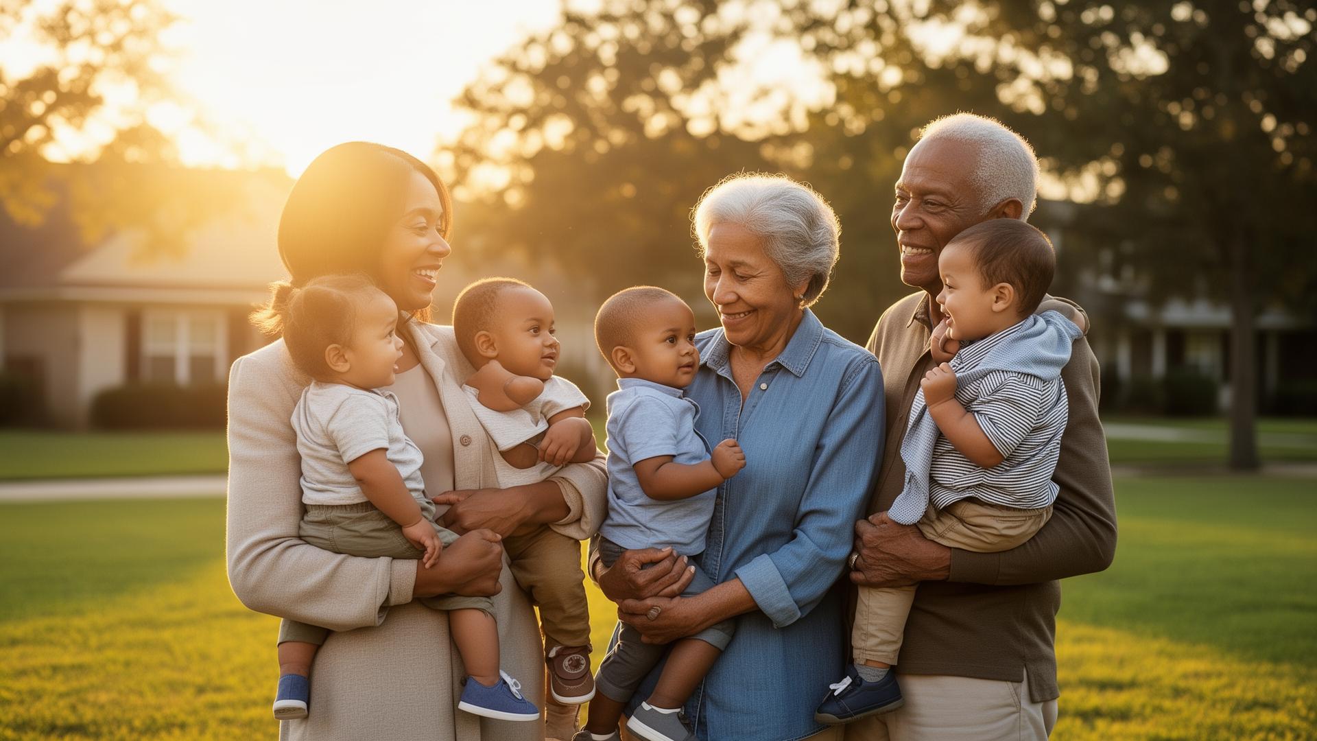 Multigenerational American family standing together at sunset
